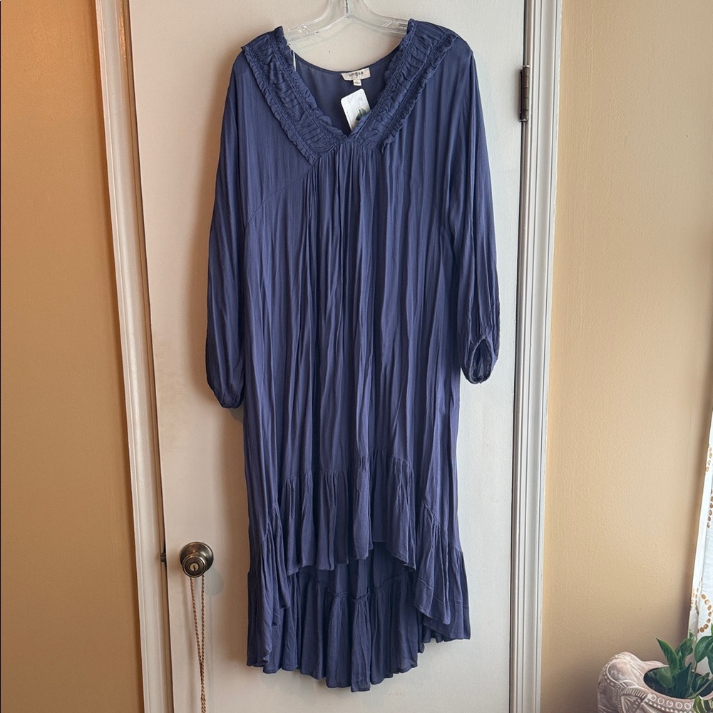 Umgee Slate Blue High-Low Ruffle V-Neck Dress